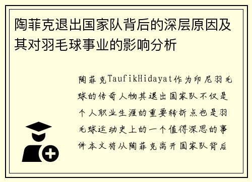 陶菲克退出国家队背后的深层原因及其对羽毛球事业的影响分析 陶菲克退出国家队背后的深层原因及其对羽毛球事业的影响分析